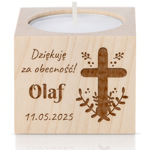 Drewniany świecznik z dedykacją pamiątka i podziękowanie na Komunię