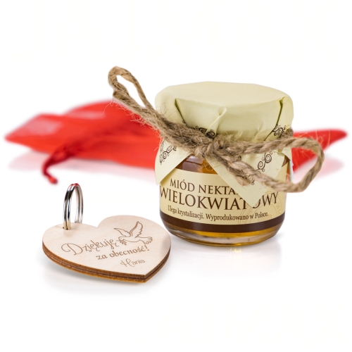 Spersonalizowany breloczek serce z miodem naturalnym na podziękowanie komunijne