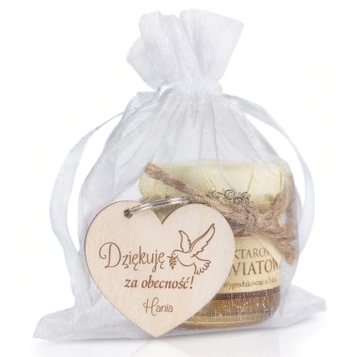 Spersonalizowany breloczek serce z miodem naturalnym na podziękowanie komunijne