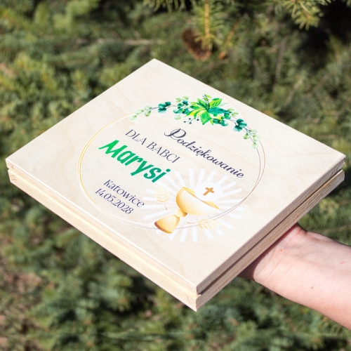 Podziękowania dla Chrzestnych Komunia DREWNIANE PUDEŁKO na MERCI