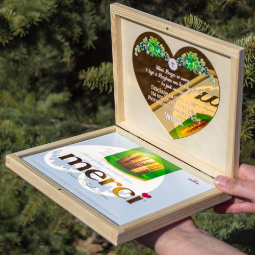 Podziękowania dla Chrzestnych Komunia DREWNIANE PUDEŁKO na MERCI