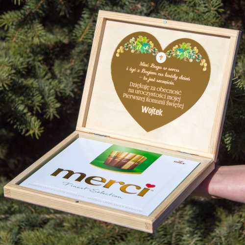 Podziękowania dla Chrzestnych Komunia DREWNIANE PUDEŁKO na MERCI