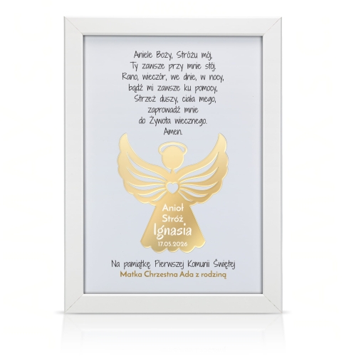 ZŁOTY ANIOŁ STRÓŻ w ramce wyjątkowy prezent na Komunię 