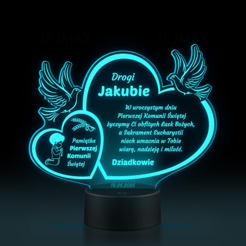 Wielokolorowa statuetka LED z personalizowanym grawerem idealna jako pamiątka komunii dla chłopca