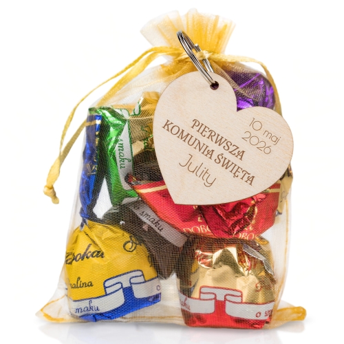 Spersonalizowany breloczek z cukierkami eleganckie podziękowanie dla gości komunii