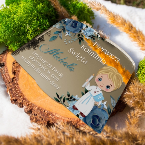 Złoty magnes z imieniem dziecka klasyczne podziękowanie dla gości komunii