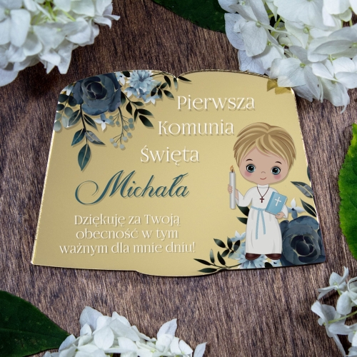 Złoty magnes z imieniem dziecka klasyczne podziękowanie dla gości komunii