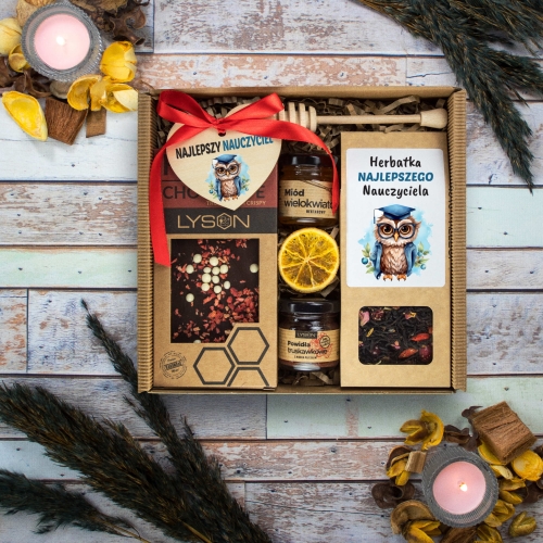 Zestaw prezentowy dla nauczyciela herbata miód czekolada podziękowanie