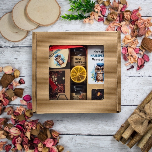 Zestaw prezentowy dla nauczyciela herbata miód czekolada podziękowanie