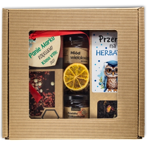 Prezent dla nauczyciela zakończenie roku herbata miód konfitura box