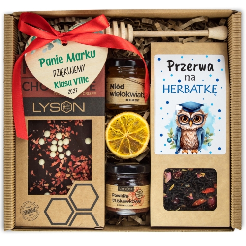 Prezent dla nauczyciela zakończenie roku herbata miód konfitura box