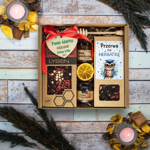 Prezent dla nauczyciela zakończenie roku herbata miód konfitura box