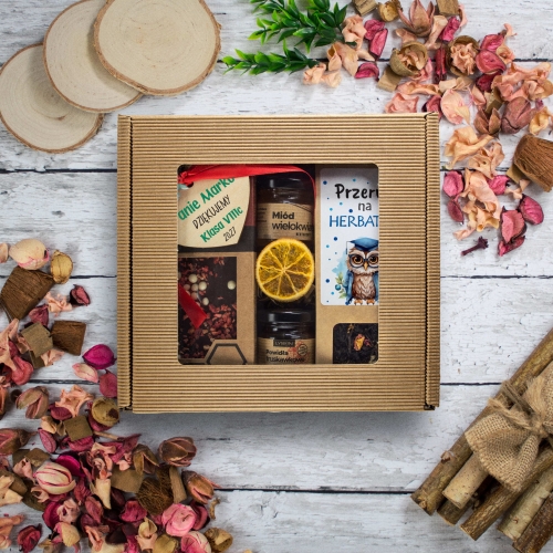 Prezent dla nauczyciela zakończenie roku herbata miód konfitura box