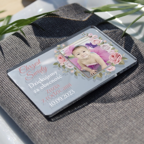 Podziękowanie na Chrzest Święty magnes ze zdjęciem dla gości