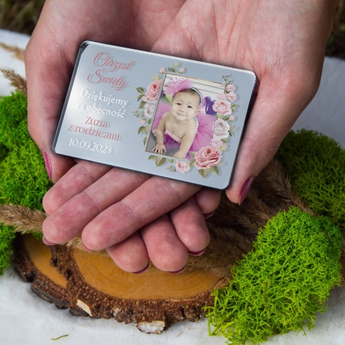 Podziękowanie na Chrzest Święty magnes ze zdjęciem dla gości