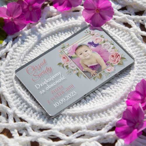 Podziękowanie na Chrzest Święty magnes ze zdjęciem dla gości
