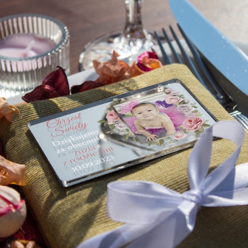 Podziękowanie na Chrzest Święty magnes ze zdjęciem dla gości