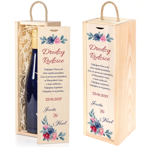 PODZIĘKOWANIE WESELNE DLA RODZICÓW skrzynka na wino z dedykacją