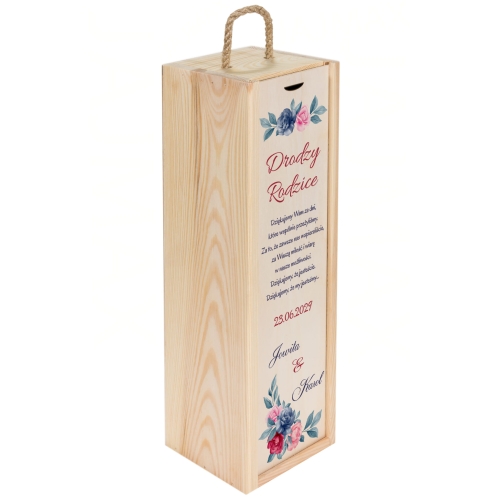 PODZIĘKOWANIE WESELNE DLA RODZICÓW skrzynka na wino z dedykacją