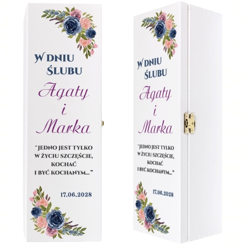 DREWNIANE PUDEŁKO NA WINO Z NADRUKIEM oryginalna pamiątka ślubna