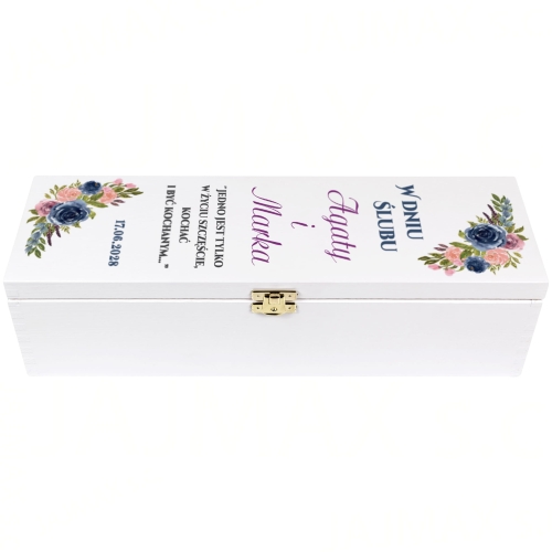 DREWNIANE PUDEŁKO NA WINO Z NADRUKIEM oryginalna pamiątka ślubna