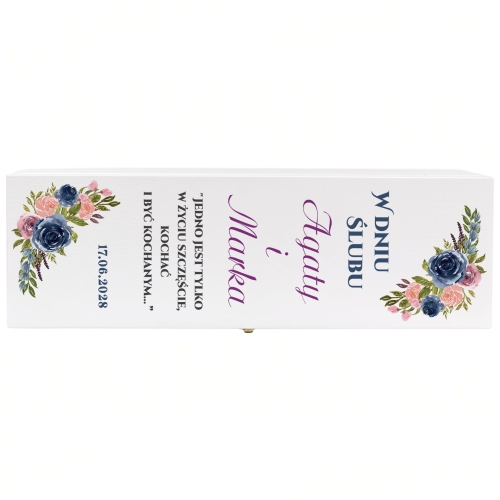 DREWNIANE PUDEŁKO NA WINO Z NADRUKIEM oryginalna pamiątka ślubna