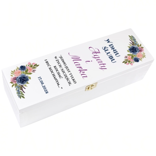 DREWNIANE PUDEŁKO NA WINO Z NADRUKIEM oryginalna pamiątka ślubna