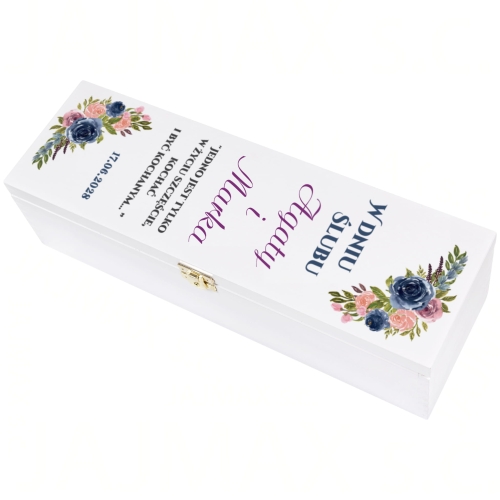 DREWNIANE PUDEŁKO NA WINO Z NADRUKIEM oryginalna pamiątka ślubna