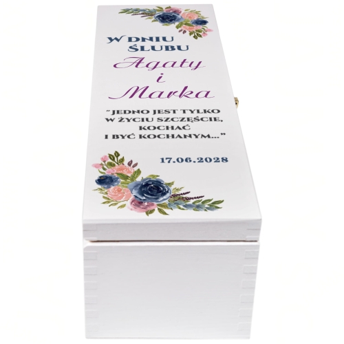 DREWNIANE PUDEŁKO NA WINO Z NADRUKIEM oryginalna pamiątka ślubna