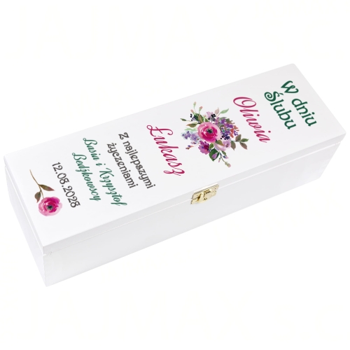 Biała skrzynka na wino PREZENT NA WESELE ŚLUB zatrzask biała