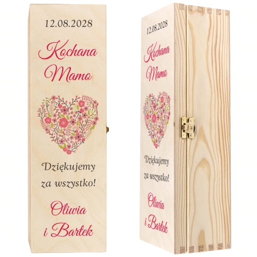 Skrzynka na wino PODZIĘKOWANIA ŚLUBNE DLA MAMY nadruk dedykacja