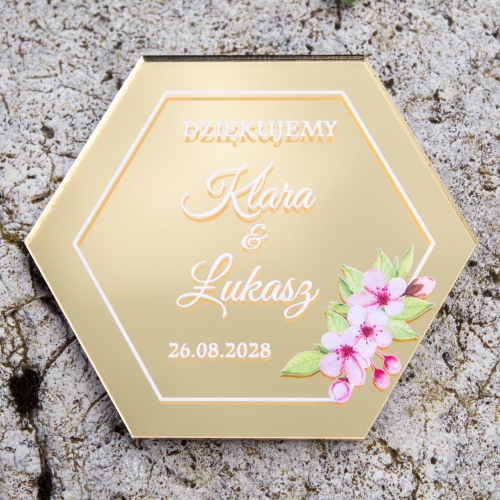 Spersonalizowane podziękowanie ślubne magnes złoty heksagon