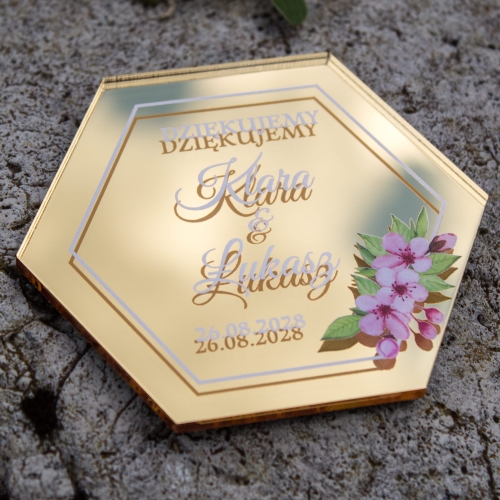 Spersonalizowane podziękowanie ślubne magnes złoty heksagon