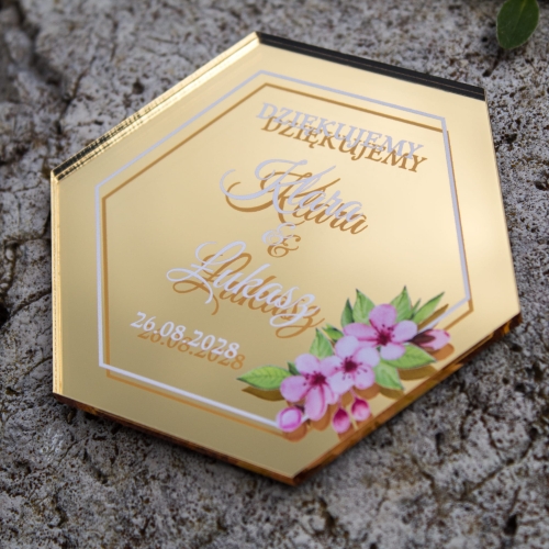 Spersonalizowane podziękowanie ślubne magnes złoty heksagon