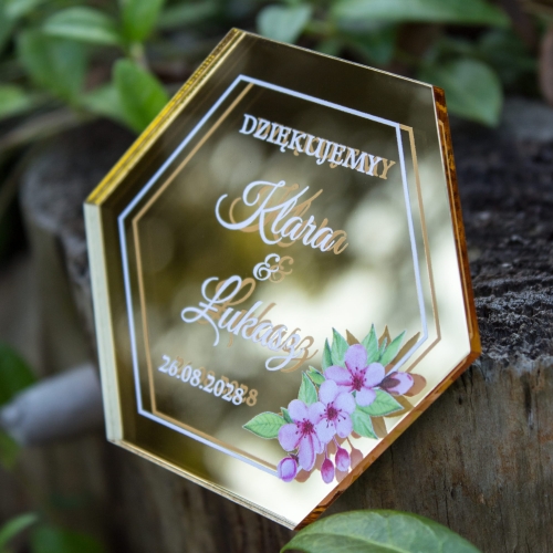 Spersonalizowane podziękowanie ślubne magnes złoty heksagon