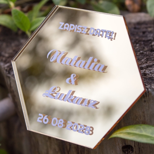 Eleganckie zaproszenie i pamiątka podziękowanie ślubne magnes heksagon