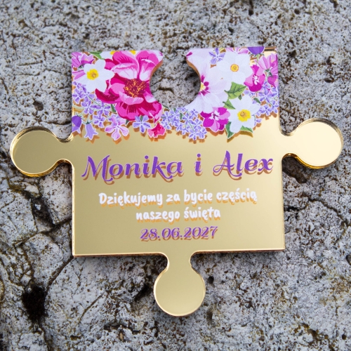 Spersonalizowany magnes puzzel ślubny dla gości weselnych złoty
