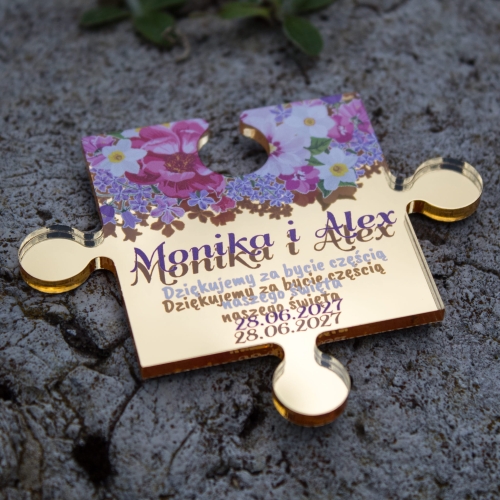Spersonalizowany magnes puzzel ślubny dla gości weselnych złoty