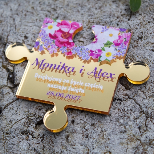 Spersonalizowany magnes puzzel ślubny dla gości weselnych złoty