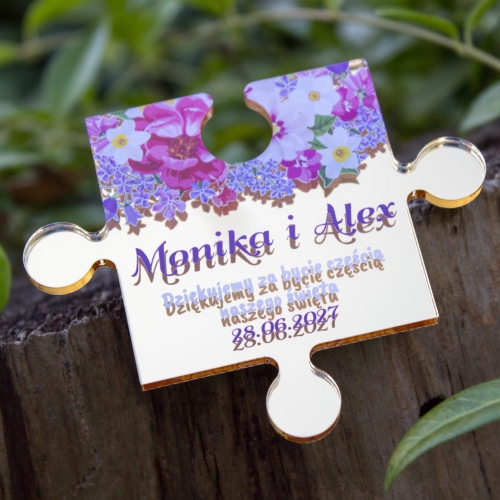 Spersonalizowany magnes puzzel ślubny dla gości weselnych złoty