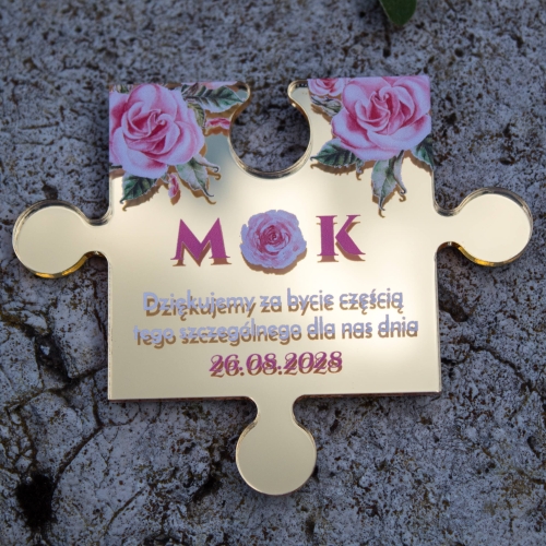 Puzzel podziękowanie dla gości ślubnych złote lustro z nadrukiem