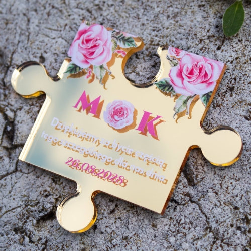 Puzzel podziękowanie dla gości ślubnych złote lustro z nadrukiem