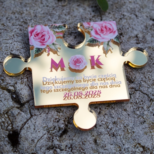 Puzzel podziękowanie dla gości ślubnych złote lustro z nadrukiem