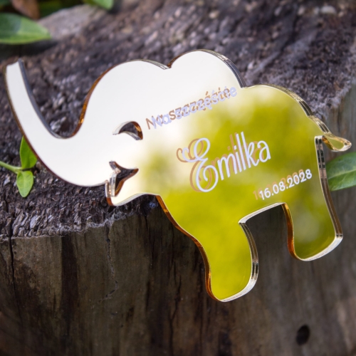 Podziękowania dla gości na urodziny złoty magnes słonik personalizowany