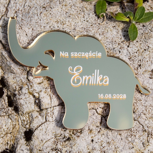 Podziękowania dla gości na urodziny złoty magnes słonik personalizowany