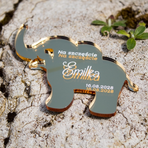 Podziękowania dla gości na urodziny złoty magnes słonik personalizowany