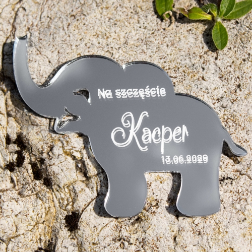 Srebrny magnes słonik podziękowanie dla gości na urodziny z imieniem