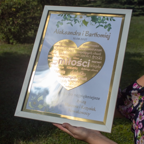 ELEGANCKI PREZENT NA ŚLUB ramka ze złotym sercem kwiaty XXL ZŁOCONA