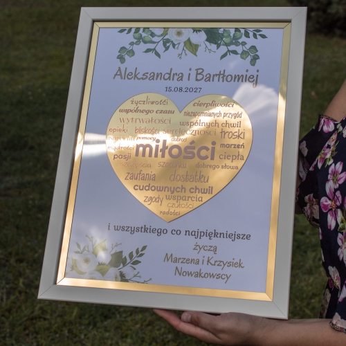 ELEGANCKI PREZENT NA ŚLUB ramka ze złotym sercem kwiaty XXL ZŁOCONA