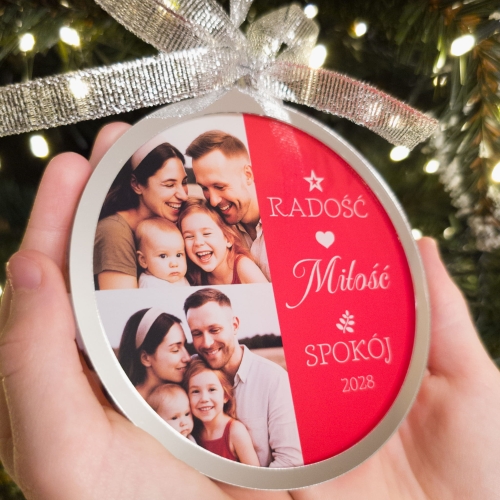 Rodzinna bombka świąteczna ze zdjęciem – radość, miłość i spokój na choince